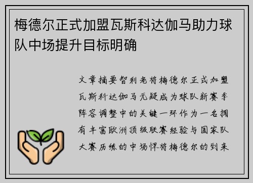 梅德尔正式加盟瓦斯科达伽马助力球队中场提升目标明确