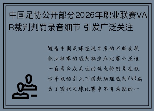 中国足协公开部分2026年职业联赛VAR裁判判罚录音细节 引发广泛关注